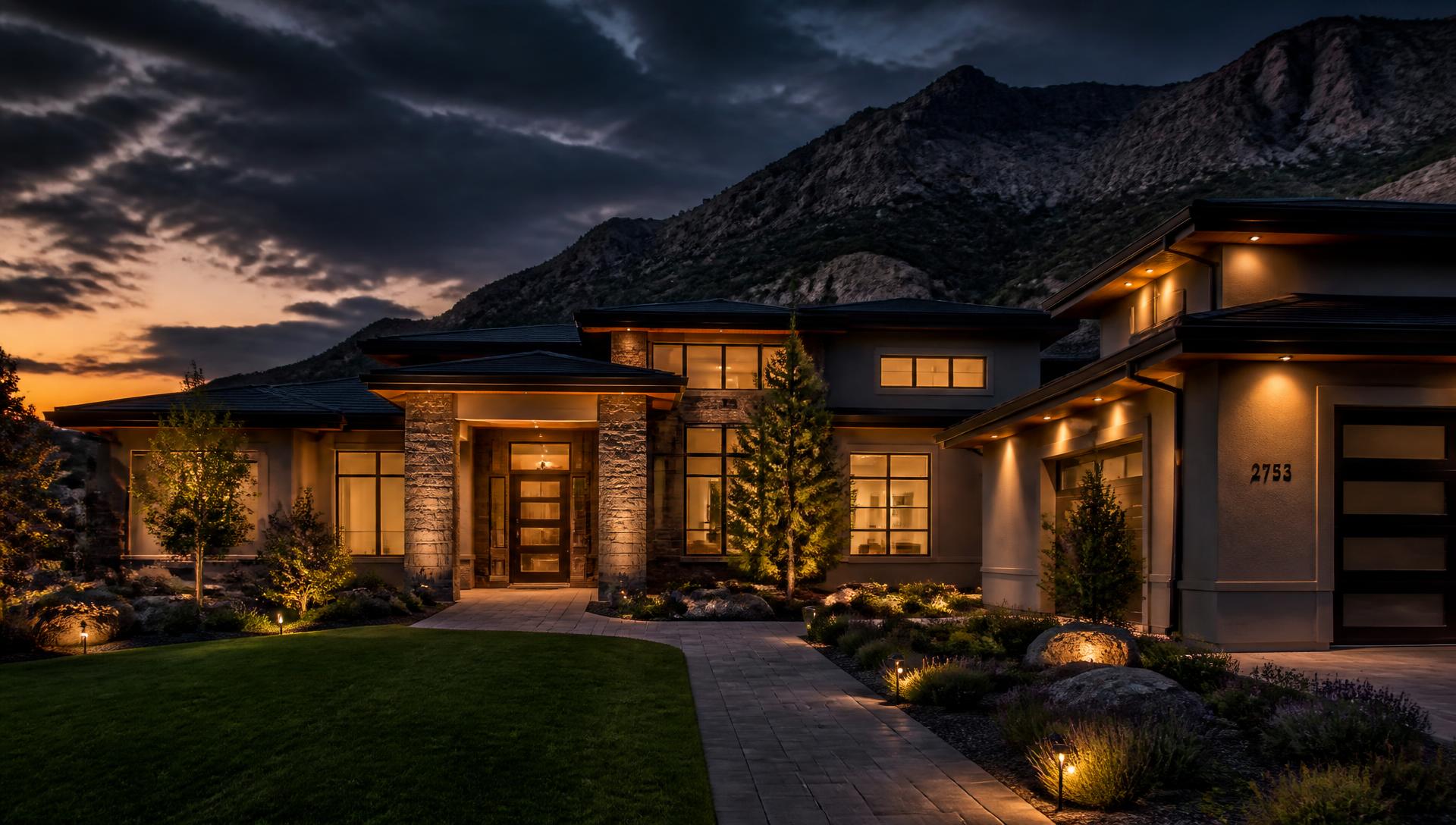 Modern Utah home at dusk with landscaped yard and warm exterior lighting